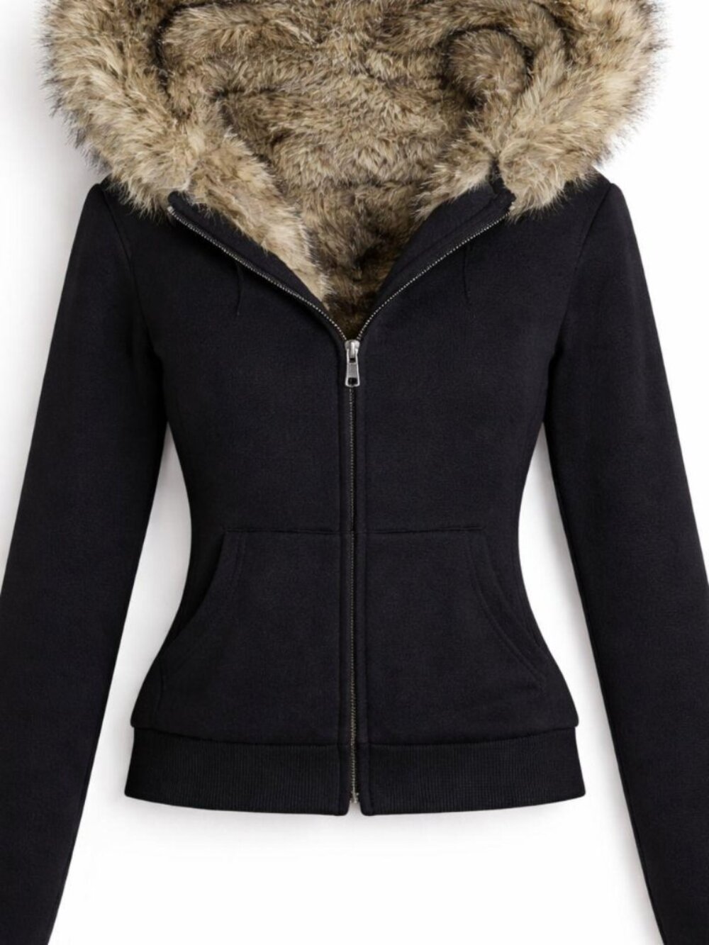 Y2K Fitted Faux Fur Lined Hood Full Zip Hoodie Black